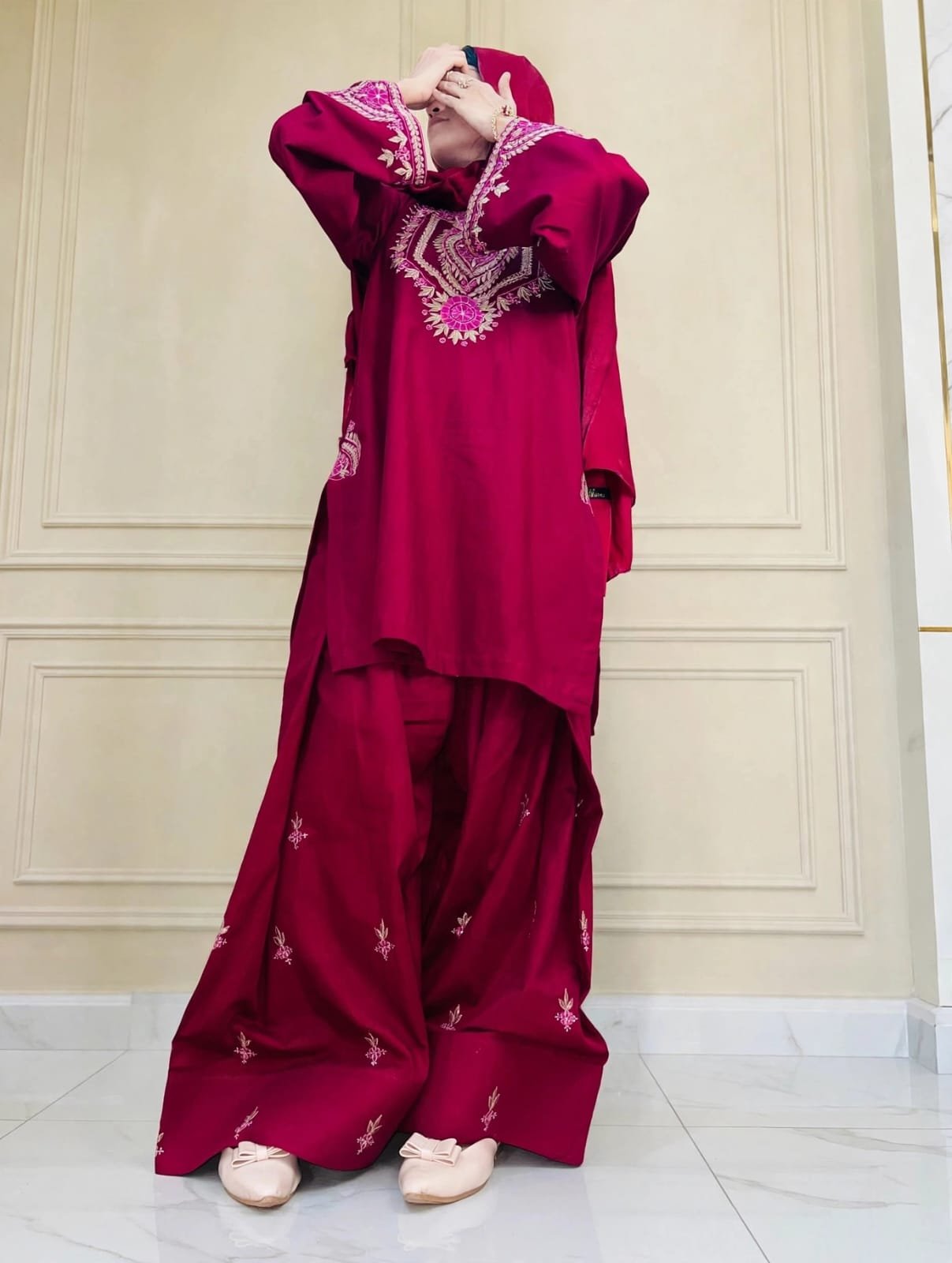 Maroon embroidered farshi shalwar kameez 2 piece stitched dress for women